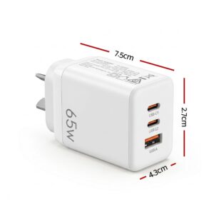 Devanti USB C Charger 65W Fast Charger 3 Port PD Wall Adapter White