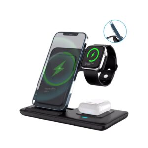 Multi-device 3-in-1 Foldable Wireless Charging Station | iWatch Series 9 8 7 6 SE 5 4 3 2, Ultra Airpods Pro 3 2, iPhone 17/16/15/14/13/12/11 Rapid Charging Stand - Magnetic Connector, USB Power Supply