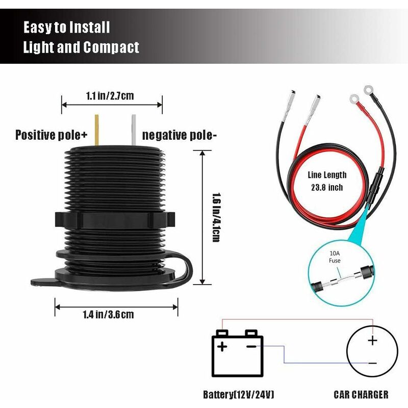 Fast Usb Car Charger Dual Qc3.0 Usb Ports, 12V/24V 36W Waterproof With LED Digital Voltmeter For Motorcycle, Caravan,