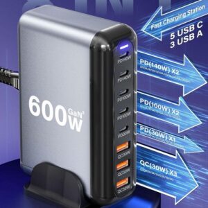 600W GaN³ 8 Ports Fast Charging Station USB&Type-C for iPhone, Laptops, MacBook